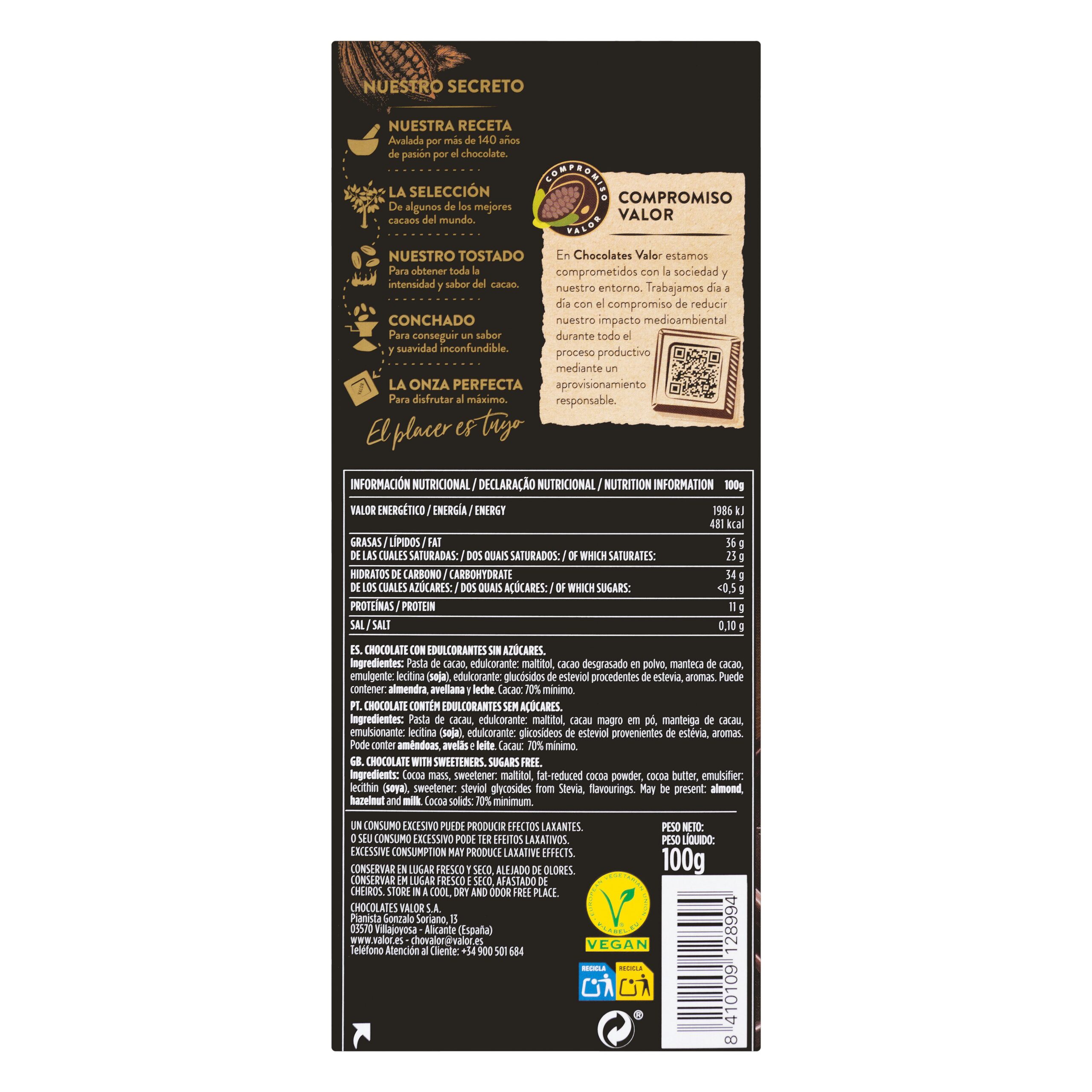 Etiqueta Chocolate 70% negro Valor 0% azúcares añadidos